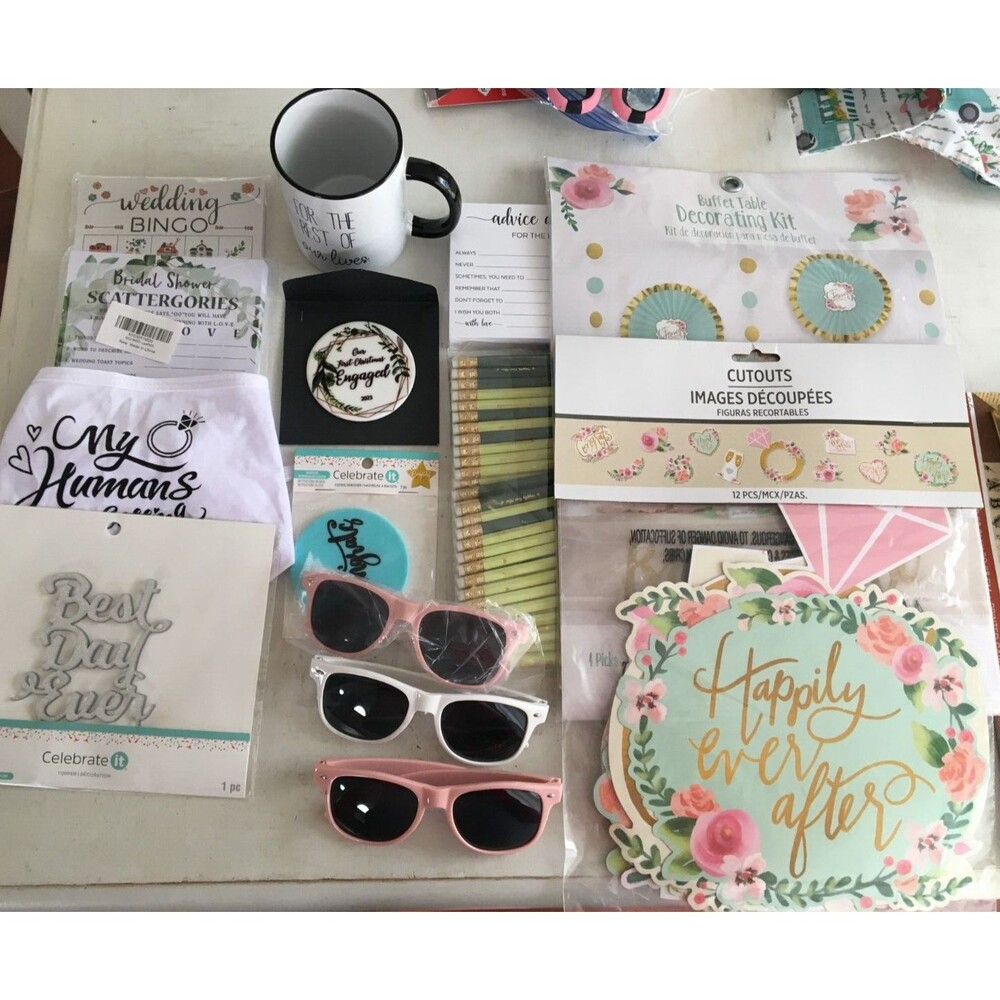 Bridal Shower Lot of 15+ Items, Games, Floral Decor , Mug, Glasses, Pet Bandana